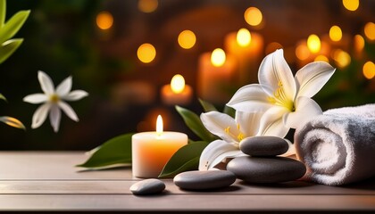 spa still life background with copy space with flowers towels and stones candlelight in the background