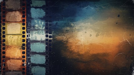 Textured abstract background with film reels on the left and a gradient from deep blue to warm orange on the right. Vintage specks and scratches add a weathered, nostalgic feel