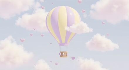 Obraz premium Hot Air Balloon Flying in a Pastel Sky with Floating Hearts