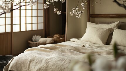 Serene bedroom features neutral tones and japanese inspired decor