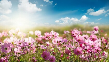 Obraz premium blurred nature background with pink flowers field and sunny sky banner