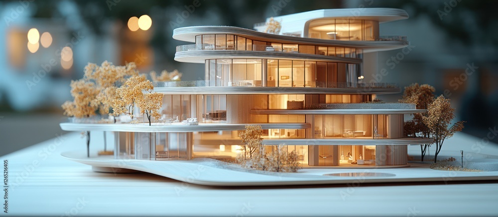 Poster illuminated architectural model of a modern, multi-story building with curved design and surrounding