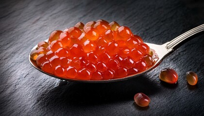 red caviar in a spoon over black stone background close up red caviar in a spoon art design close up of salmon fish roe caviar delicatessen texture of trout caviar seafood backdrop gourmet food