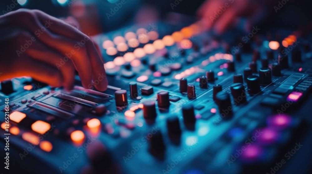 Poster professional audio engineer working on audio mixing console. adjusting sound settings during live pe