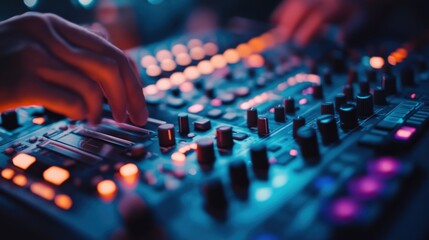 Professional audio engineer working on audio mixing console. Adjusting sound settings during live performance in nightclub. Illuminated by colorful stage lights. Creating immersive musical experience