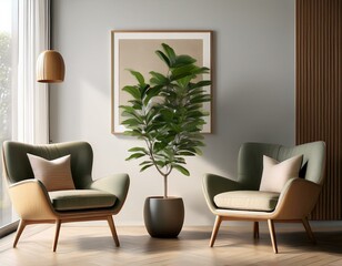modern art cozy armchairs and potted plant in minimalist living room