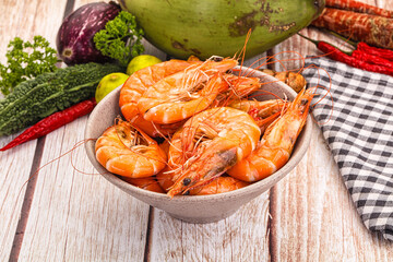 Tasty hot big boiled prawns