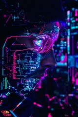 Futuristic Cyberpunk Hacker in Neon Ambient with Holograms