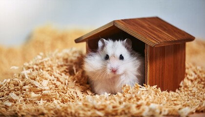 A cute white hamster sits in his house among the sawdust. The concept of care for hamsters, pets, rodents. Image.