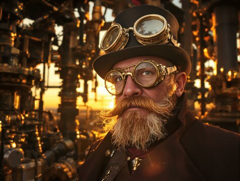 Victorian Scientist with Brass Goggles in Sunset Glow