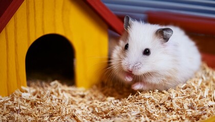 A cute white hamster sits in his house among the sawdust. The concept of care for hamsters, pets, rodents. Image.