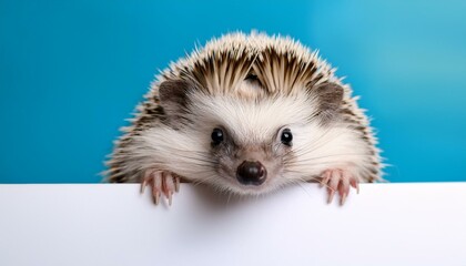cute hedgehog on blue background looking over a white board as barrier