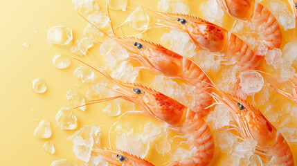 Shrimp and ice on a bright yellow background, attracting attention and whetting the appetite..
