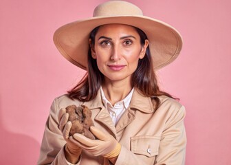 Fototapeta premium Exploring ancient history female middle eastern archeologist holding artifacts in archaeological site studio environment portrait photography for cultural heritage awareness
