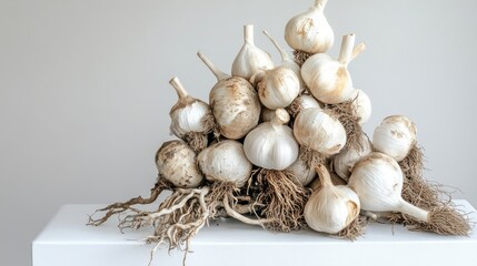 Pile of garlic bulbs with roots on white surface
