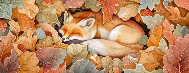 A serene fox curled up among colorful autumn leaves, exuding tranquility and warmth.