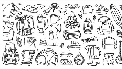 Set of hand drawn tourism and camping equipment. Doodle style illustration. Activity holiday, outdoor travel concept.