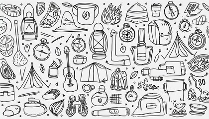Set of hand drawn tourism and camping equipment. Doodle style illustration. Activity holiday, outdoor travel concept.