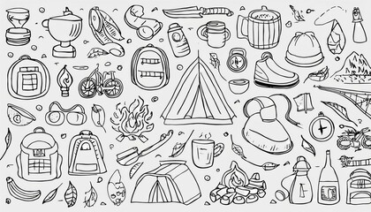 Set of hand drawn tourism and camping equipment. Doodle style illustration. Activity holiday, outdoor travel concept.