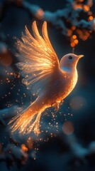 Fototapeta premium Golden bird in flight, magical sparks trail.