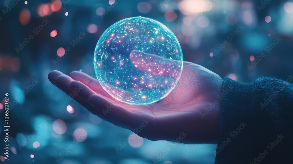Poster close up of businessman hand holding glowing round cloud hologram on blurry bokeh background. cloud 