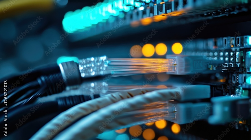 Poster close up view of fiber optic cables transmitting data through a network switch, illuminating a data 