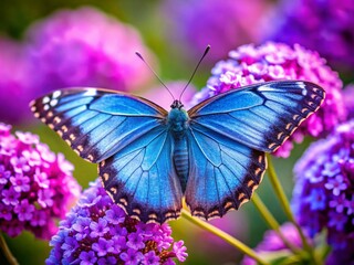 Obraz premium Vibrant Blue Butterfly on Purple Flowers - Nature's Graceful Beauty