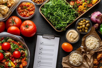 A vibrant layout of fresh ingredients, including tomatoes, greens, and dips, alongside a checklist for meal prep or grocery shopping.