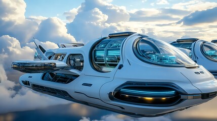 Futuristic Flying Vehicles in Clouds - Futuristic Transportation
