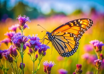 Fototapeta premium Vibrant Butterfly on a Wildflower, Spring Meadow Landscape
