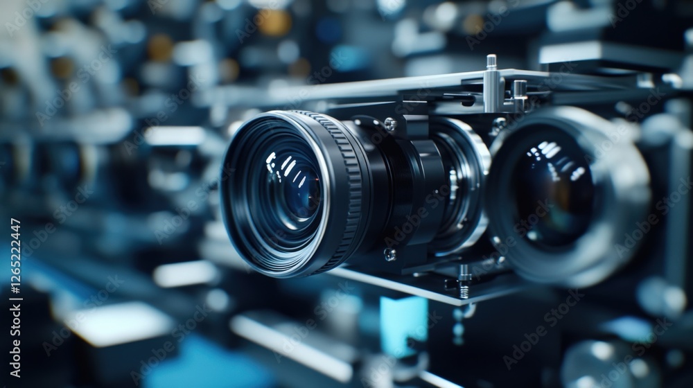 Poster a closeup view of the lens testing apparatus showcasing a series of highresolution cameras and laser