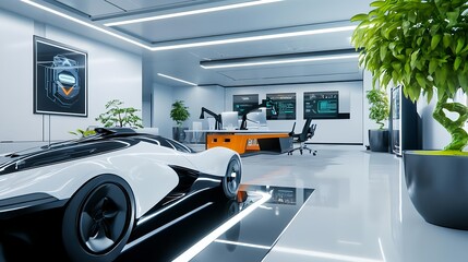 Fototapeta premium Futuristic Office with Electric Sports Car - Futuristic Design