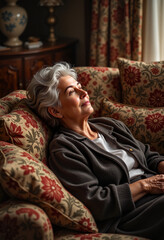 Obraz premium Reflective elderly Middle Eastern woman relaxing on ornate sofa, cultural warmth