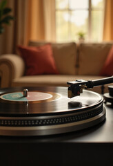 Vintage turntable playing spinning vinyl record in cozy living room, nostalgia