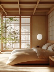 Serene bedroom with natural light and Japanese style elements
