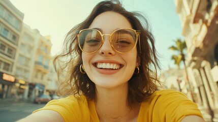 Happy carefree woman takes selfie durring sightseeing in city poses against blurred background wears trendy shades smiles toothily at camera records video for her travel blog uses app device