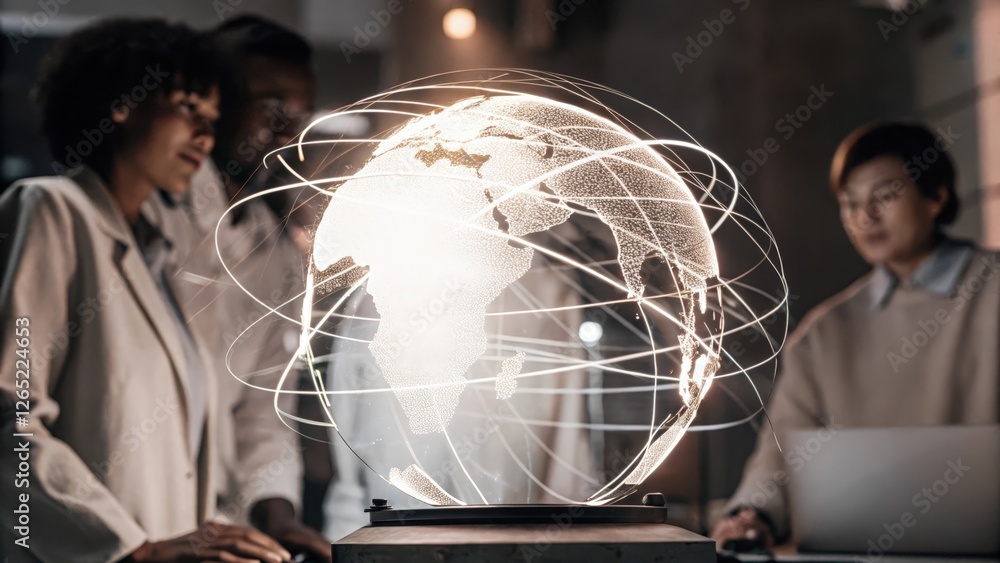 Poster a holographic globe spins in a virtual space with bright lines representing global data networks as 