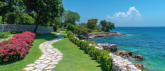 Coastal park path, sunny day, sea view, relaxation