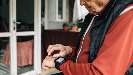 An older gentleman wearing fitness tracking wristband checks his steps count against a background of household items with a look of concentration on his face.