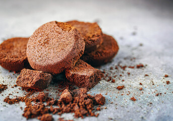 Close-up of coffee grounds from espresso machine. coffee ground on gray background