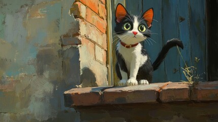 Black and white cat observing old brick wall