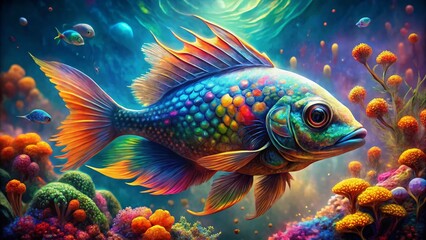 Vibrant Fish Double Exposure: Surreal Underwater Art, Colorful Aquatic Life Stock Photo