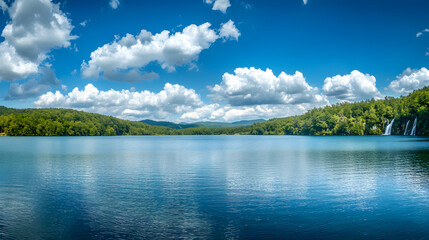 Beautiful nature landscape with a blue lake and green forest, with picturesque waterfalls
