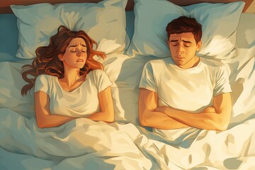 Upset thoughtful young woman lying on bed near sleeping husband, lady think about problems, suffers from noise and snoring of man, top view, Generative AI