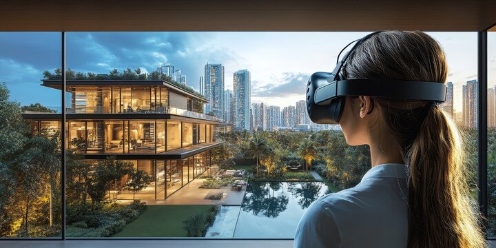 Person wearing a VR headset and exploring virtual real estate properties and architectural designs, VR technology for immersive property tours and visualization in the real estate, Generative AI