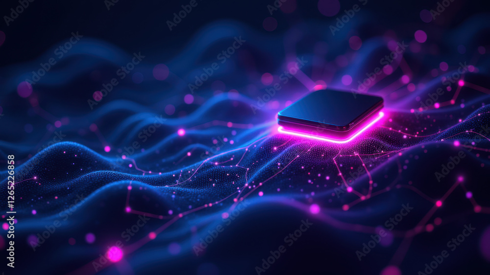 Poster image of a glowing neon-like symbol resembling a container or pod, set against a dynamic background 