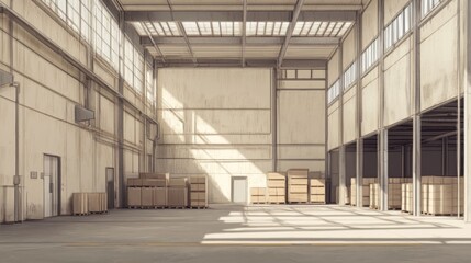 Sunny warehouse interior, boxes stacked, industrial space