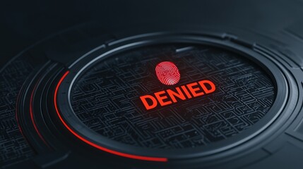 Red Denied Stamp with Fingerprint on Dark Technology Background