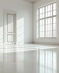 A clean and minimalist white room with soft lighting, featuring an empty doorframe and window on the right side of the picture. The floor is glossy and reflective, creating a serene atmosphere. 