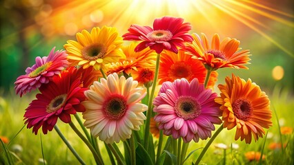 Fototapeta premium Vibrant Gerbera Daisy Bouquet in Sunlit Meadow Landscape